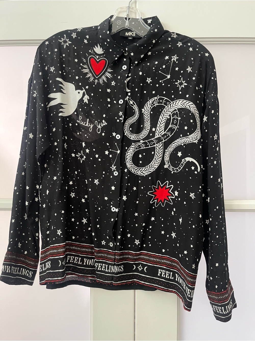 M.STUDIO Black Button-Down Shirt with White Star, Snake & Red Accents
